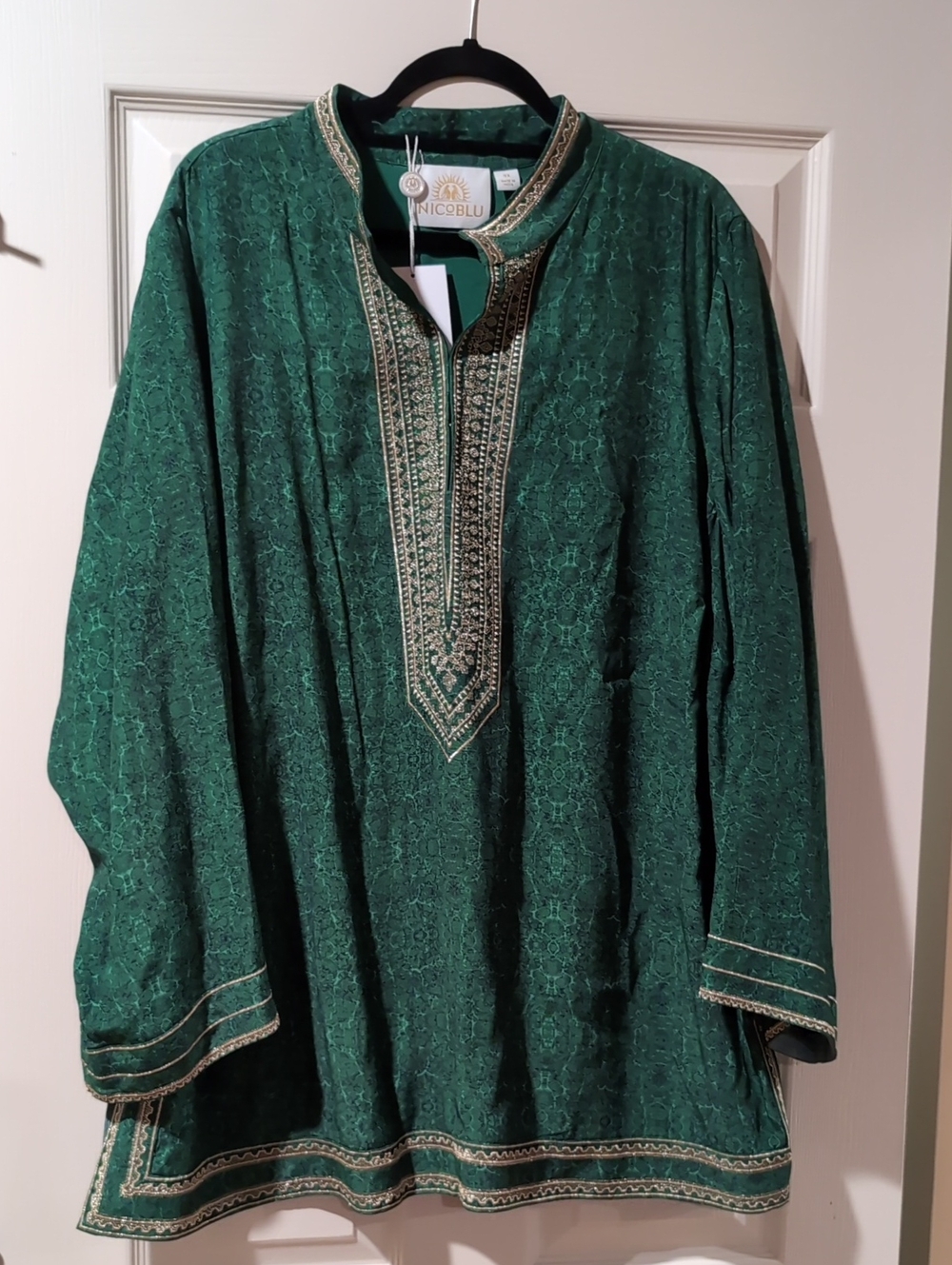 Isabelle Tunic in Malachite Burl and Gold Embroidery by Nico Blu